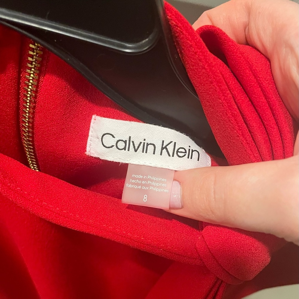 Red Calvin Klein Mock Neck Bow Women's Dress - Picture 6 of 7